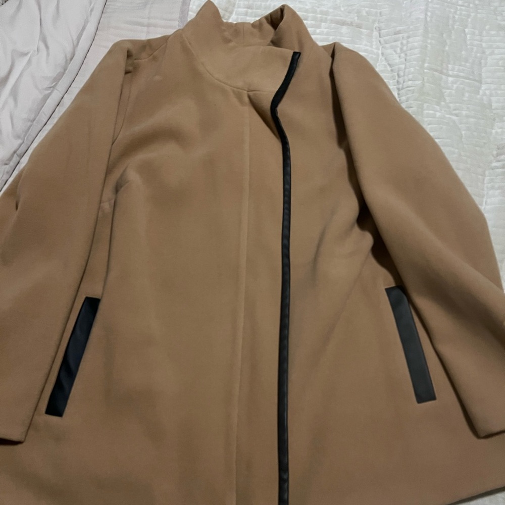 Funnel Neck Tan and Black Women's Jacket with Faux Leather Trim.